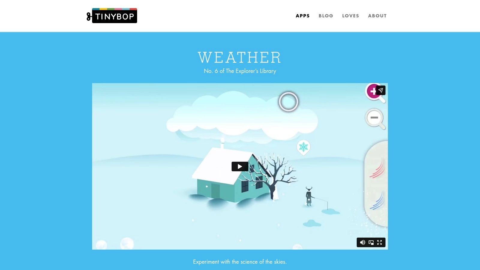 The Tinybop Weather app showing an interactive scene with clouds, rain, and a house.