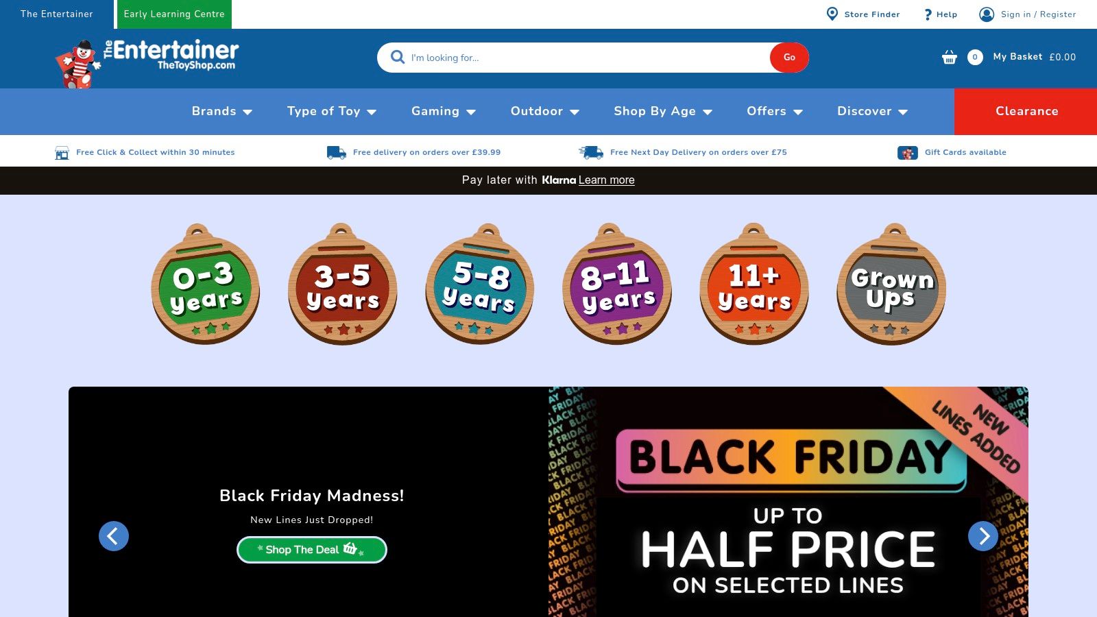 A screenshot of The Entertainer (TheToyShop.com) website, showing a colourful layout with popular toy brands and categories, highlighting its family-friendly approach.