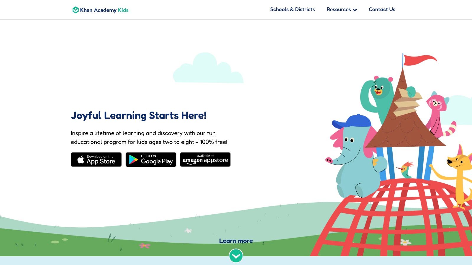 A screenshot of the Khan Academy Kids app showing colourful animal characters in a learning environment.