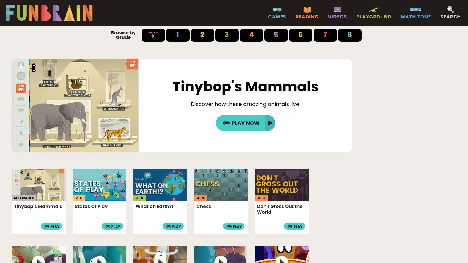 A screenshot of the Funbrain website showing its colourful and playful game selection menu.