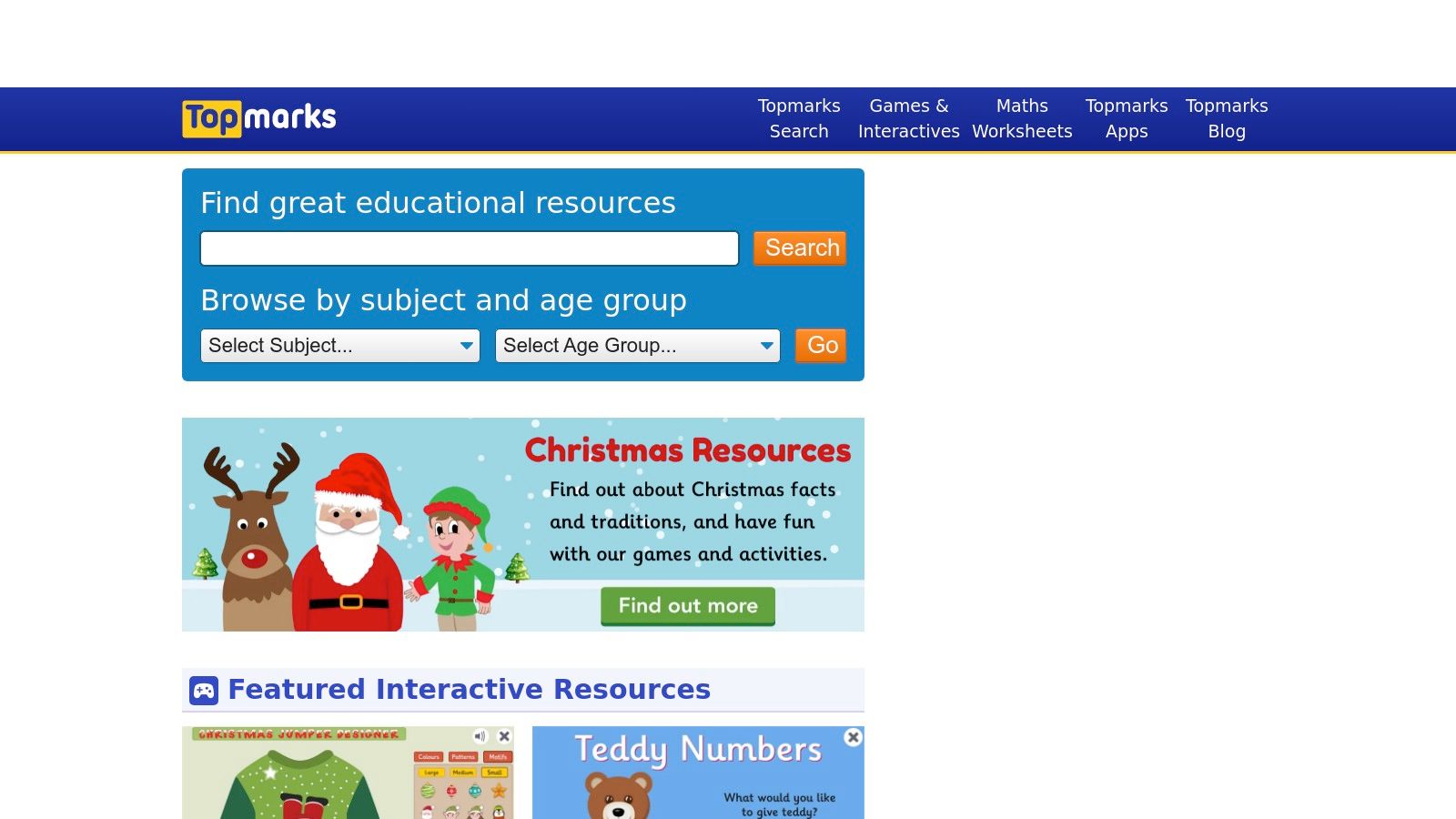 A screenshot of the Topmarks website homepage, showing various game categories.