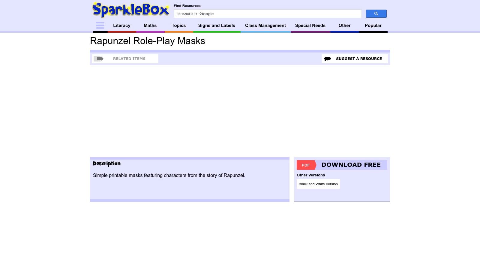 A collection of printable face masks for the story of Rapunzel, including Rapunzel, the prince, and the witch, laid out on a blue background.