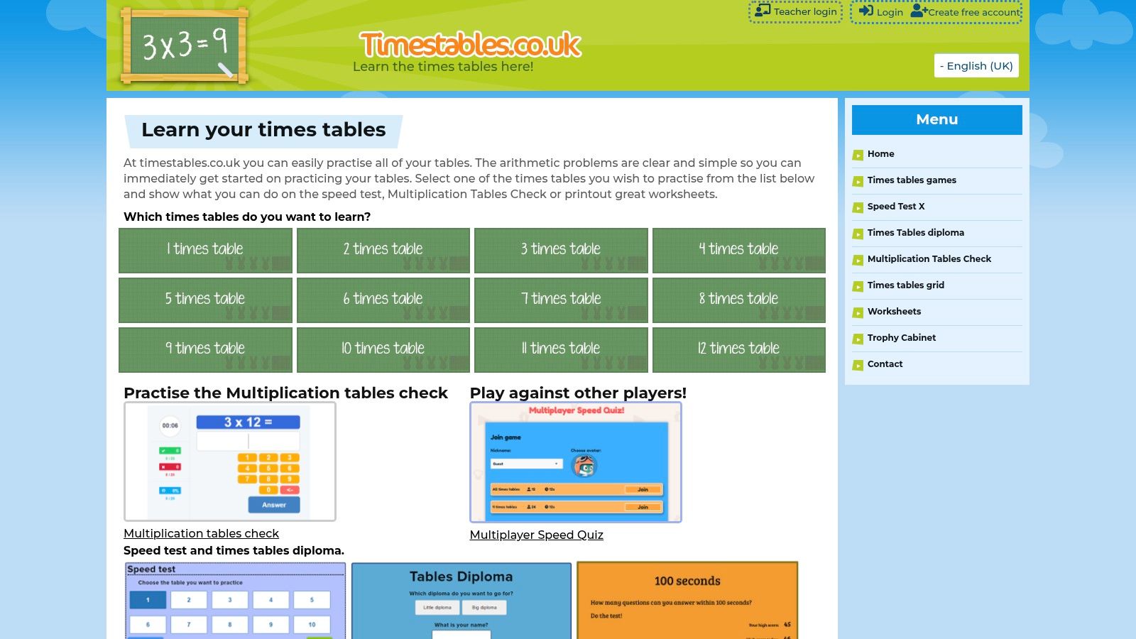 A screenshot of the TimesTables.co.uk website showing a colourful interface with various multiplication games like 'Cat' and 'Happy Burger'.