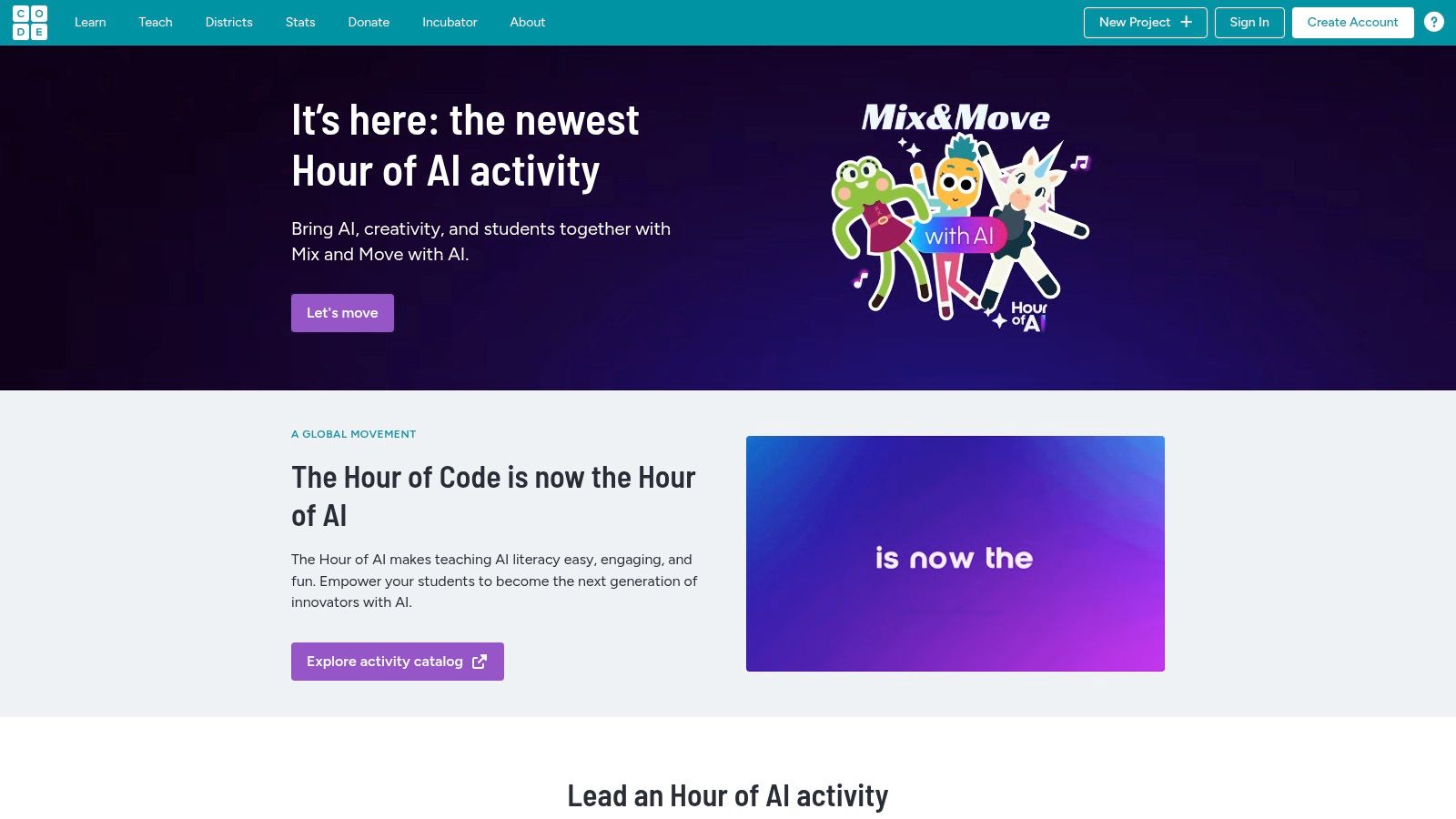 A screenshot of the Code.org website showing colourful, block-based coding activities featuring popular characters.