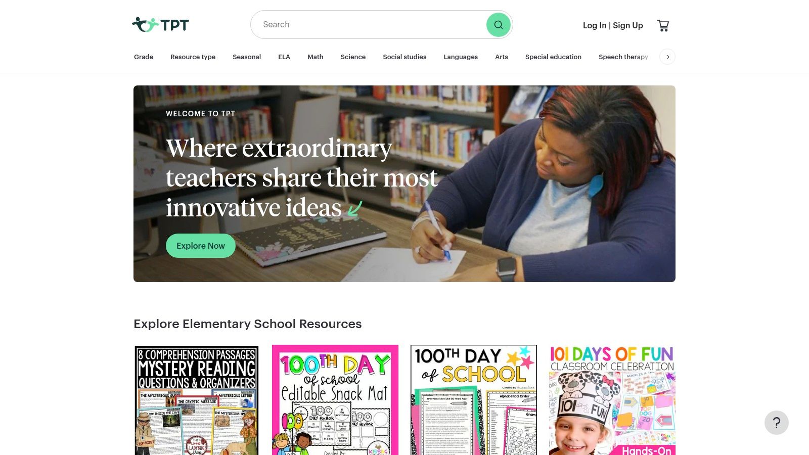 The homepage of Teachers Pay Teachers (TPT) showing various educational resources.