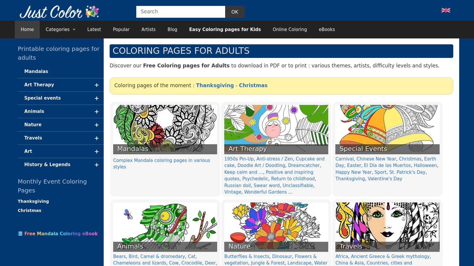 A screenshot of the Just Color website homepage, displaying a variety of complex colouring page categories like mandalas, art, and nature.