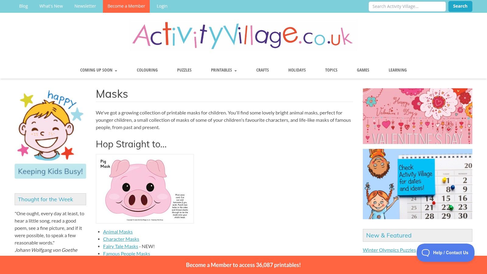 A screenshot of the Activity Village website showing various colourful printable masks including a lion, a monkey, and other animals.