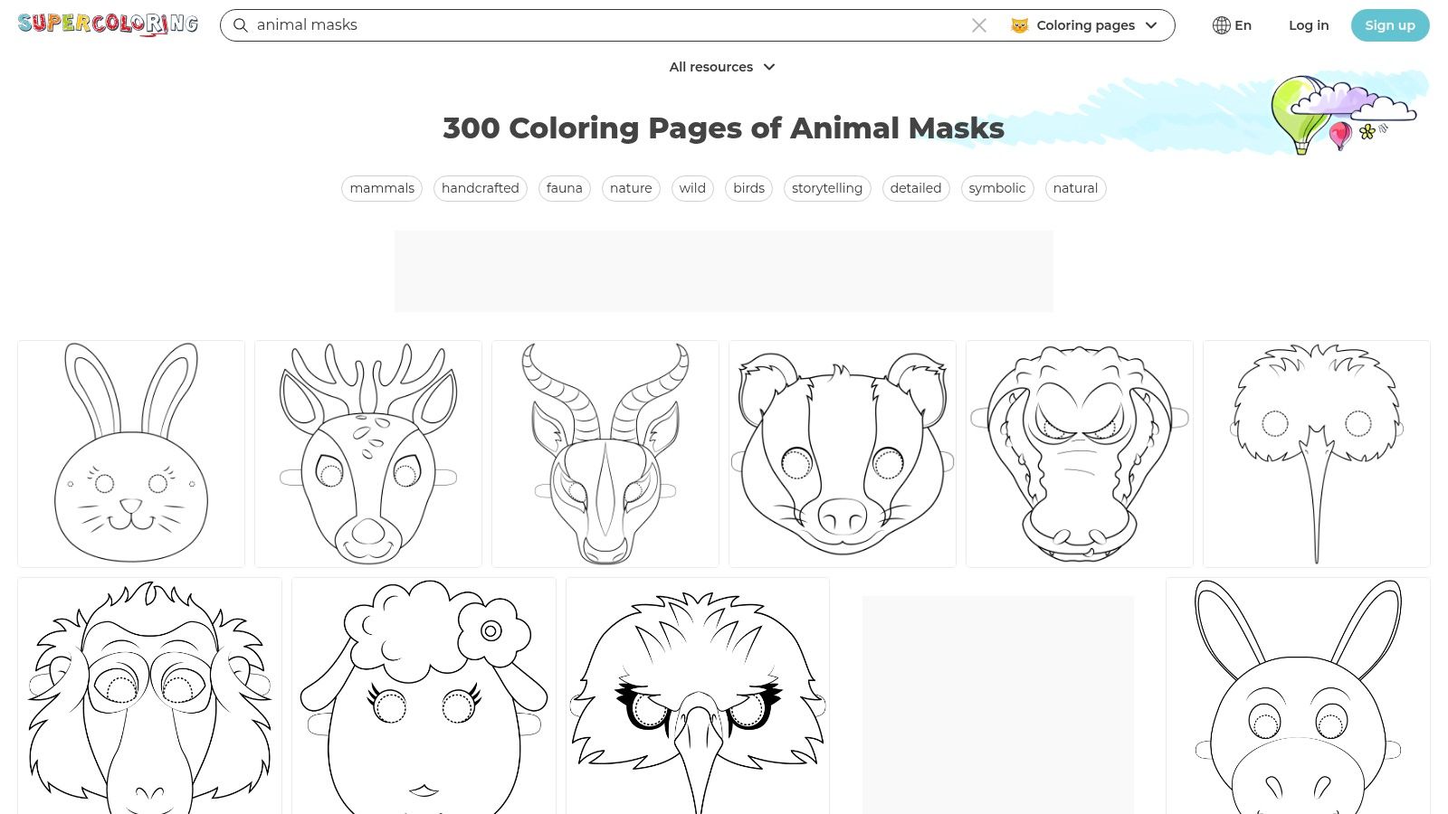 A collection of printable animal mask outlines from the SuperColoring website