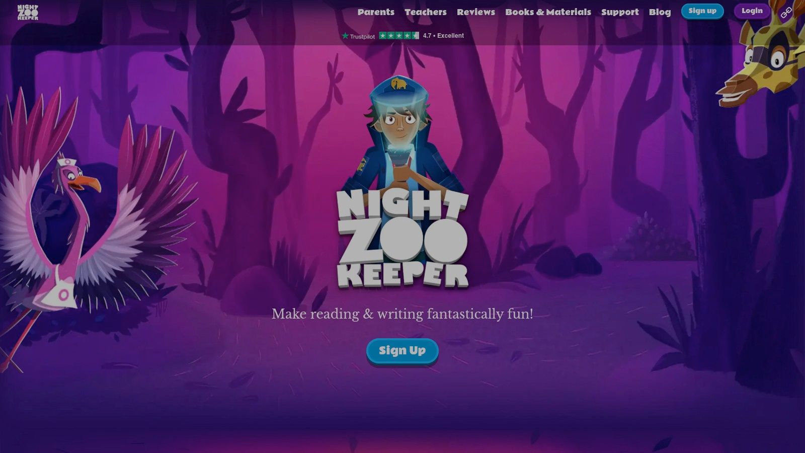 A screenshot of the Night Zookeeper platform showing a colourful, gamified world with various writing challenges and activities.
