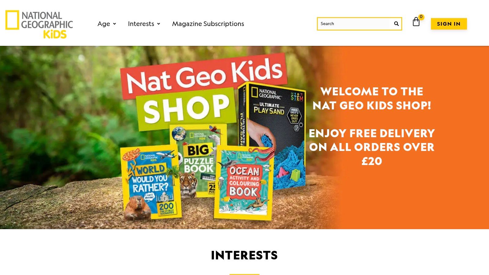 A screenshot of the National Geographic Kids Shop (UK) website, featuring colourful books on animals and space.