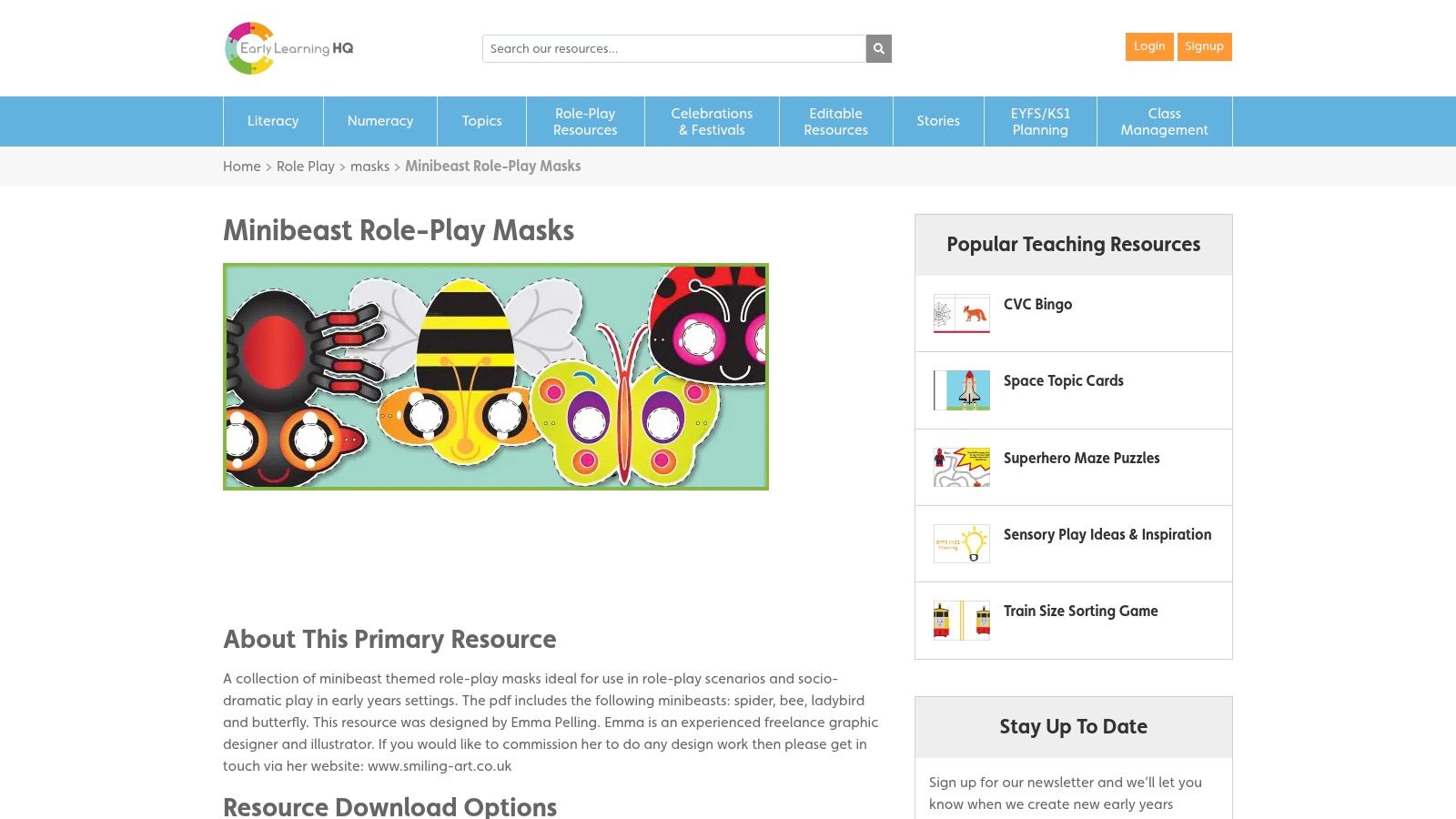 A collection of printable minibeast masks including a ladybird, bee, and spider.