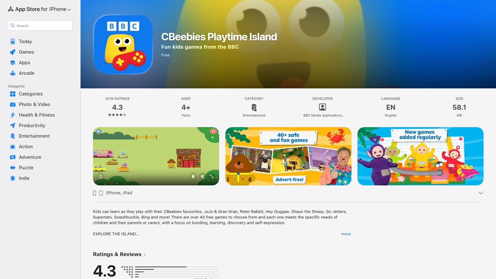 The CBeebies Playtime Island app displayed on a smartphone screen, showing colourful characters and game options.