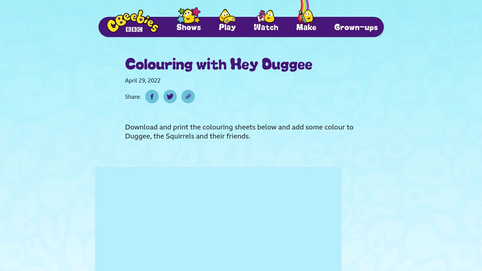 CBeebies website showing Hey Duggee colouring-in pages