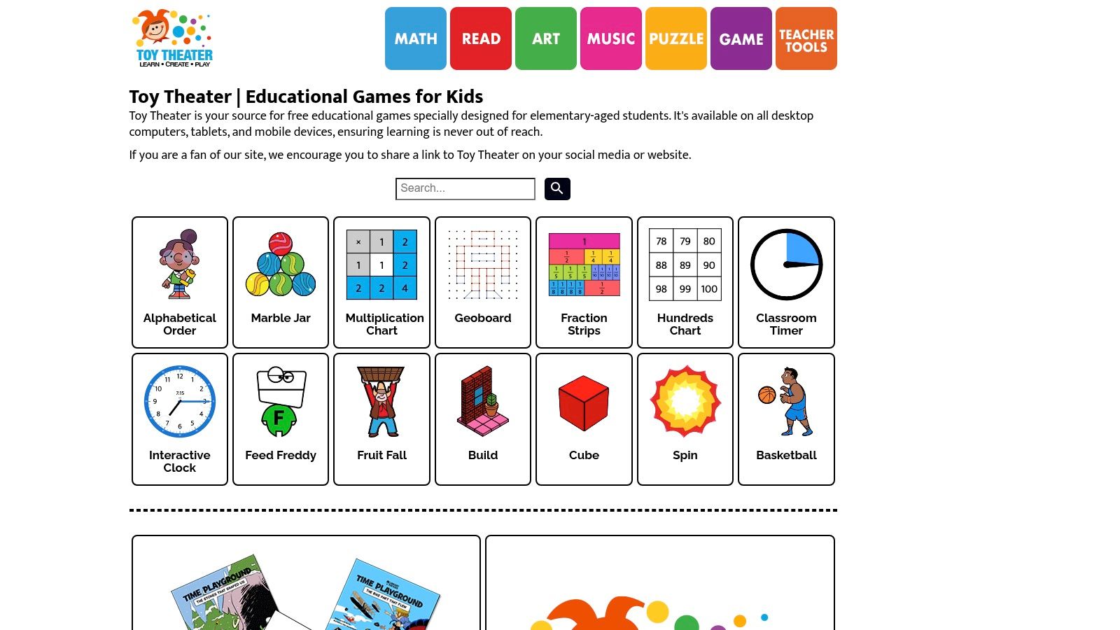 A screenshot of the Toy Theater website showing a colourful grid of simple math game icons.