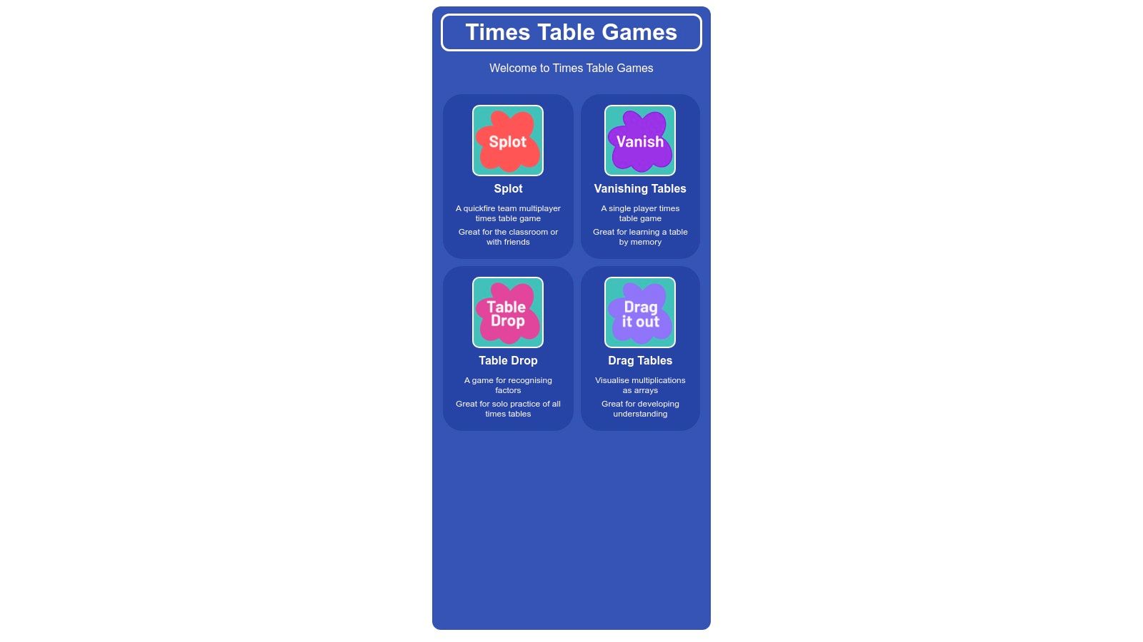 A screenshot of the TimesTable.Games website showing a simple, colourful multiplication game in action.