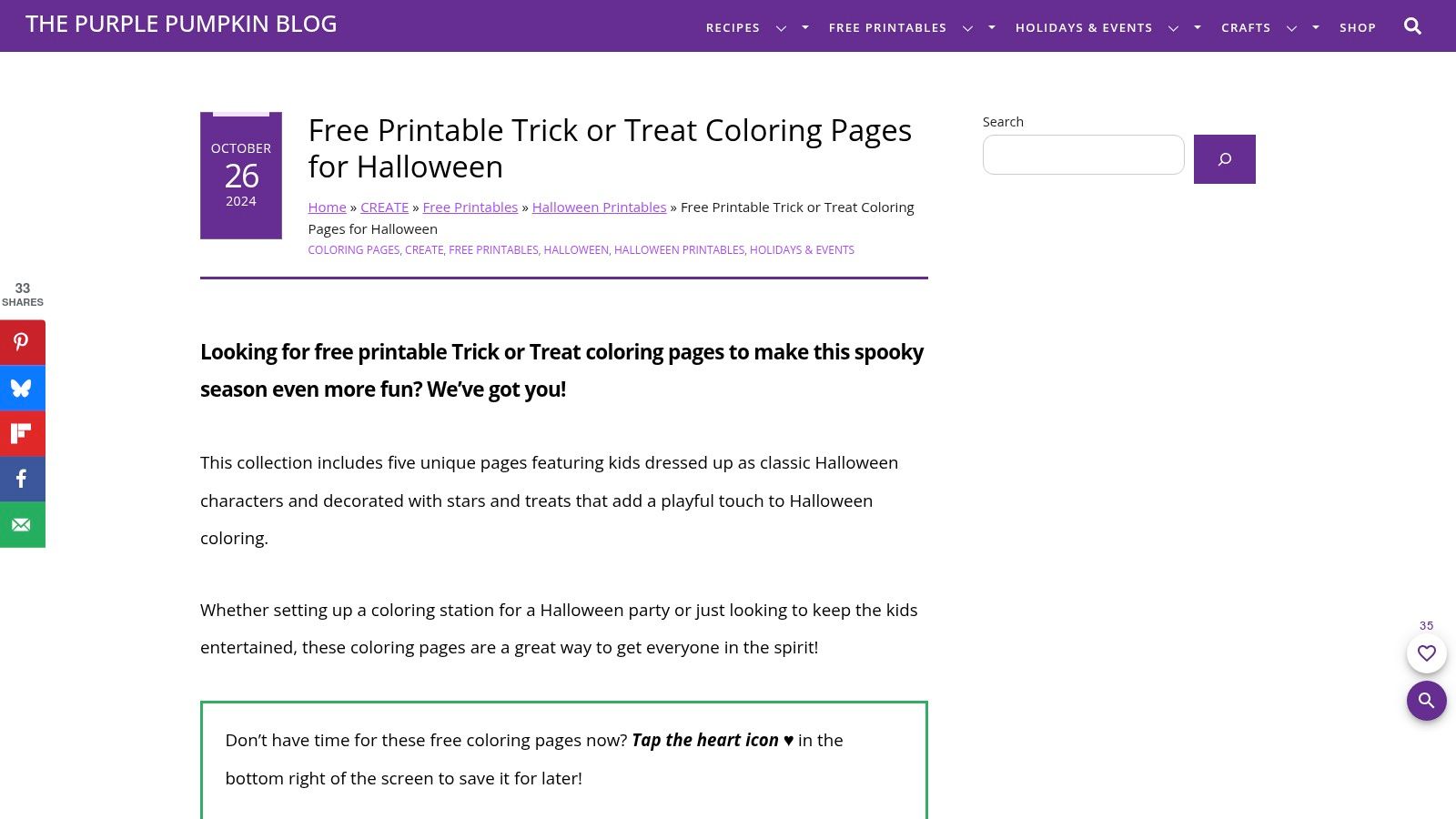 A screenshot of The Purple Pumpkin Blog website showcasing a variety of printable Halloween colouring sheets and craft ideas.