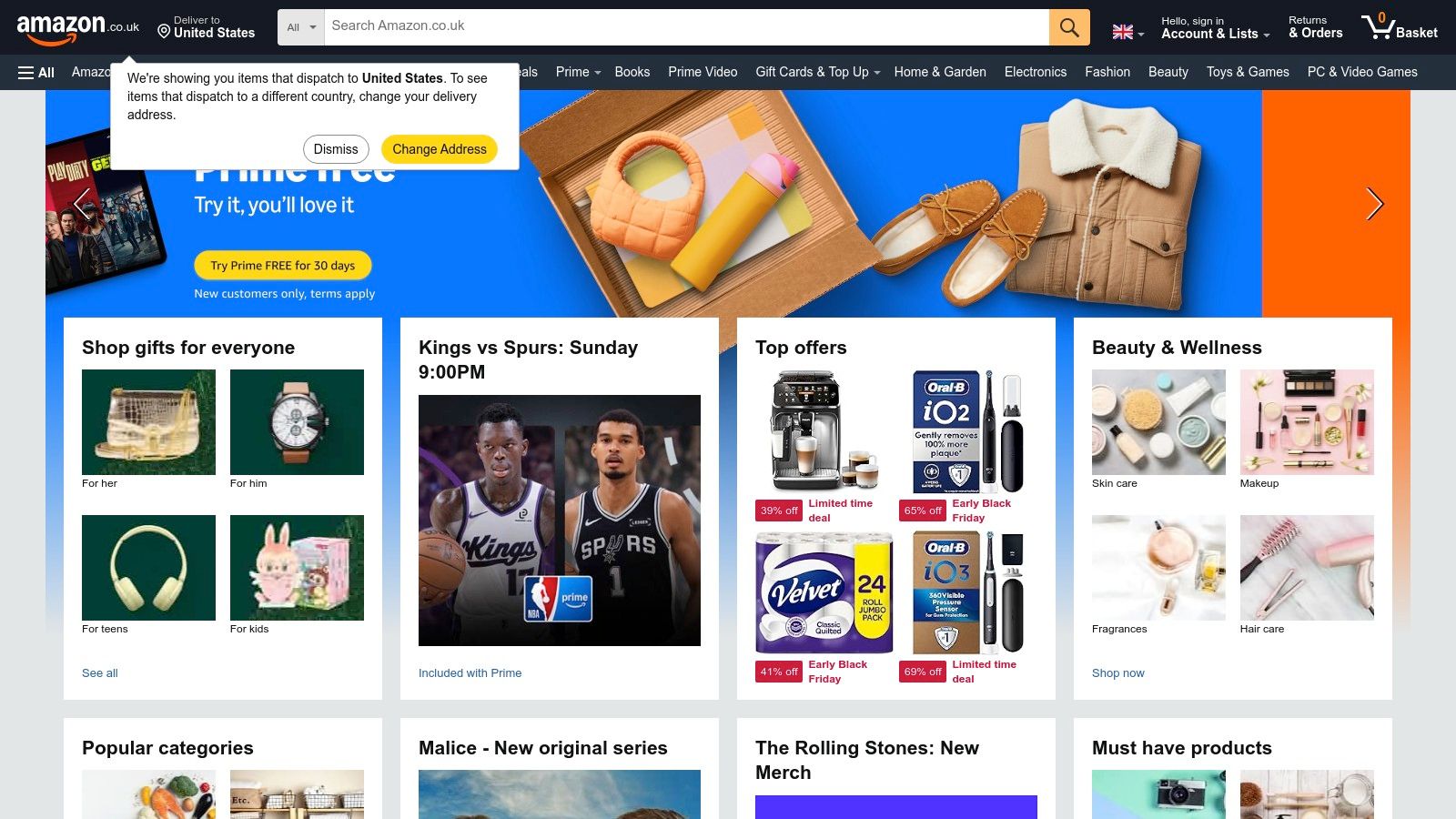 A screenshot of the Amazon UK website homepage, showing various product categories and a search bar, representing the vast selection of items available.