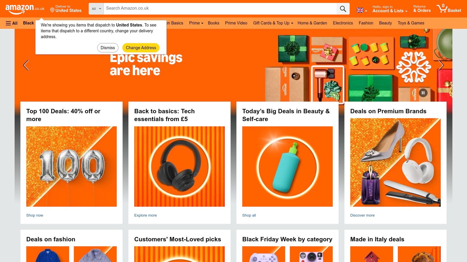 A screenshot of the Amazon UK homepage, showing various product categories and the search bar, illustrating its vast selection for colouring books.
