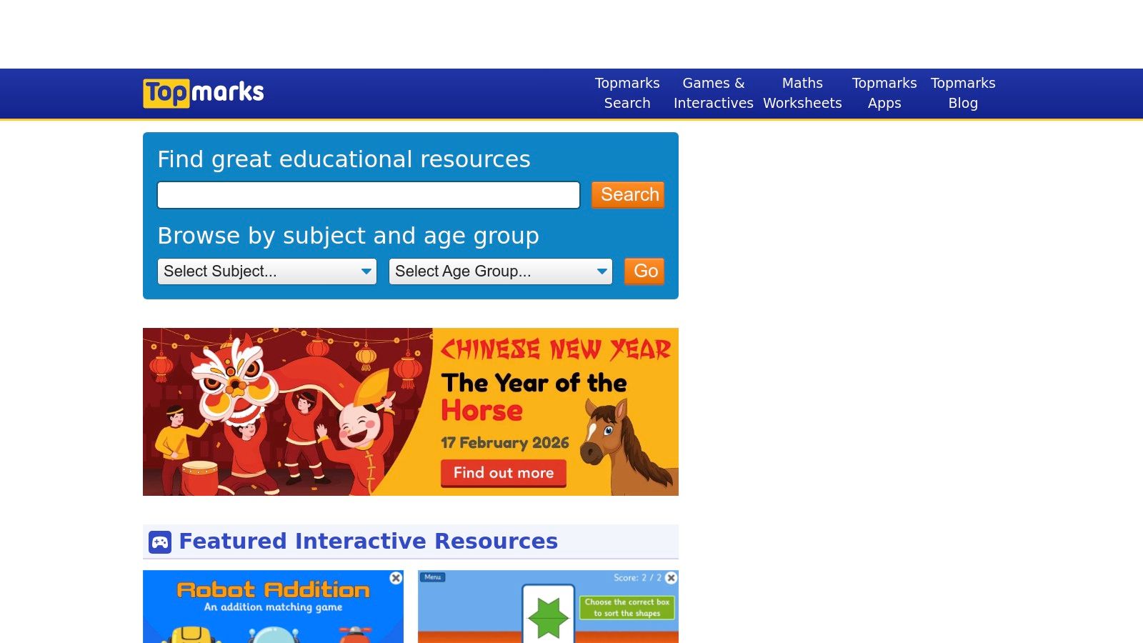 A screenshot of the Topmarks website homepage showing colourful game icons for maths and literacy.