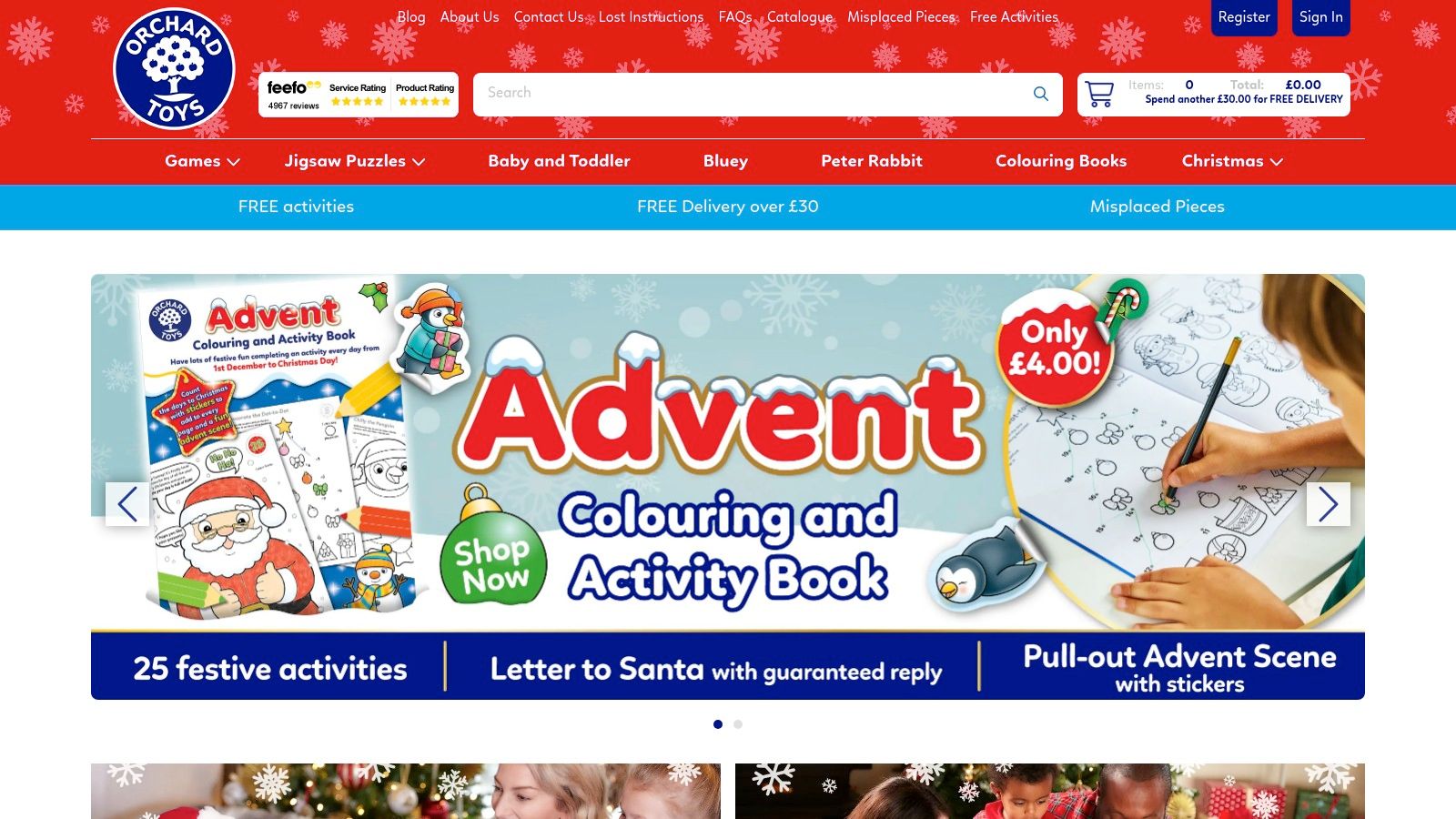 A screenshot of the Orchard Toys website homepage, showcasing colourful game boxes and a playful design, reflecting its focus on early years education.