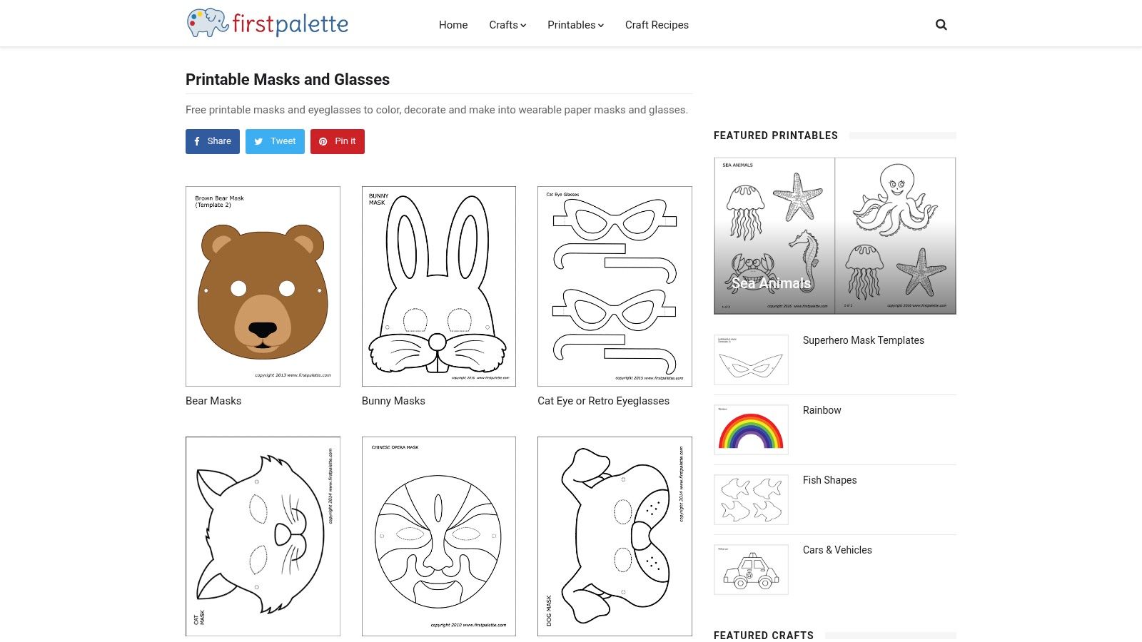 A collection of printable animal mask templates from FirstPalette, including a lion, tiger, and bear, shown both in colour and as black-and-white outlines.