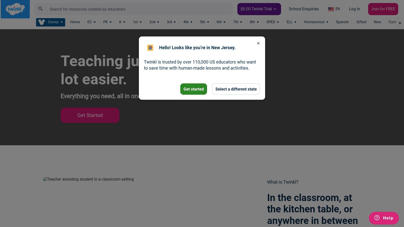 A pop-up on the Twinkl website showing a welcome message and subscription offer.