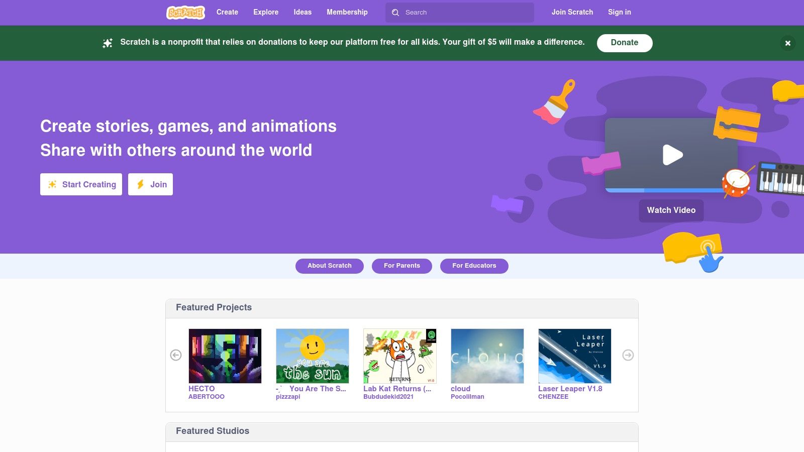 The Scratch homepage showing its block-based coding interface and colourful characters.