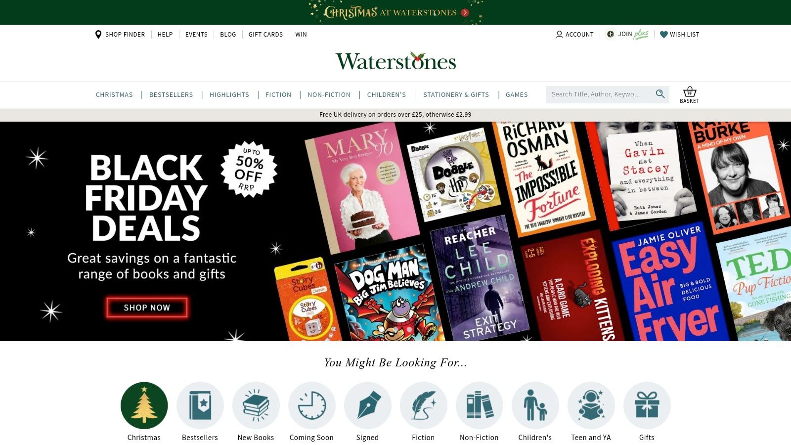 A screenshot of the Waterstones website showing its logo and a curated collection of children's books, highlighting its role as a specialist bookseller.