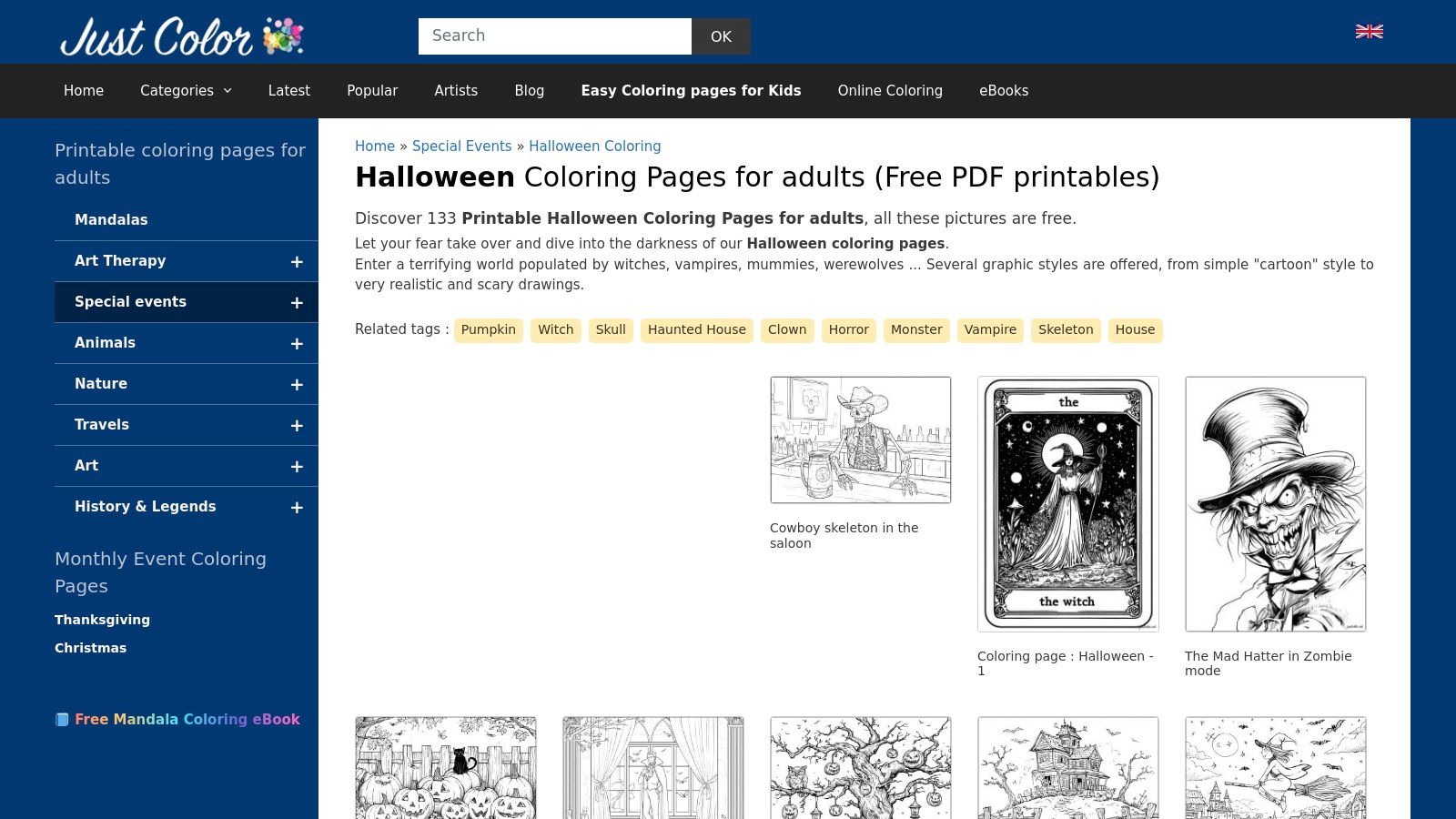 A screenshot of the Just Color website showing a gallery of detailed Halloween colouring pages, including a sugar skull, a haunted mansion, and an intricate pumpkin design.