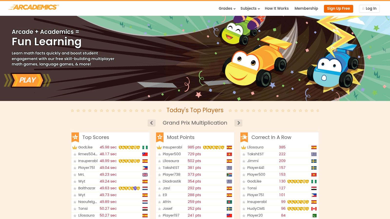 A screenshot of the Arcademics website showing colourful, action-packed multiplayer math game interfaces.