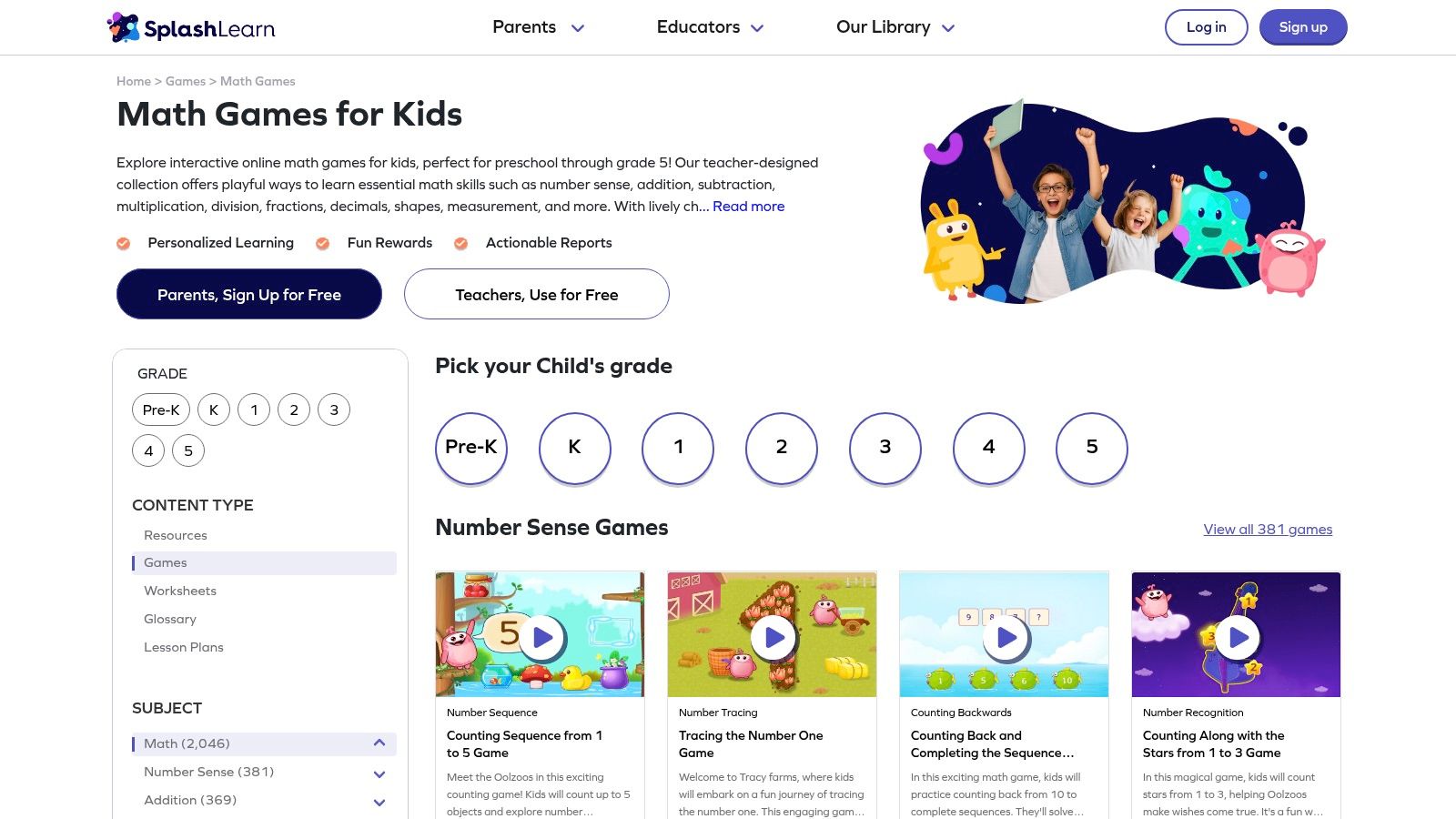A screenshot of the SplashLearn website showing a colourful, game-based learning interface with characters and progress trackers.