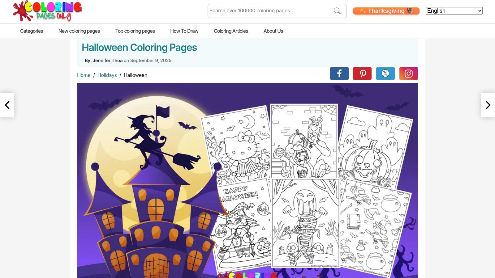 A screenshot of the ColoringPagesOnly.com website, showcasing its extensive collection of Halloween-themed colouring sheets, including pumpkins, ghosts, and characters.