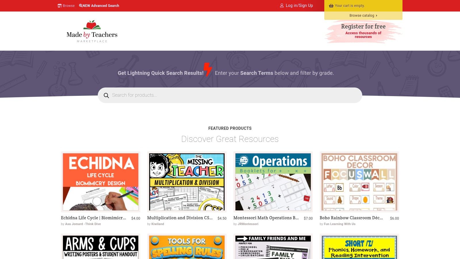 The homepage of Made By Teachers, an educational resource marketplace.