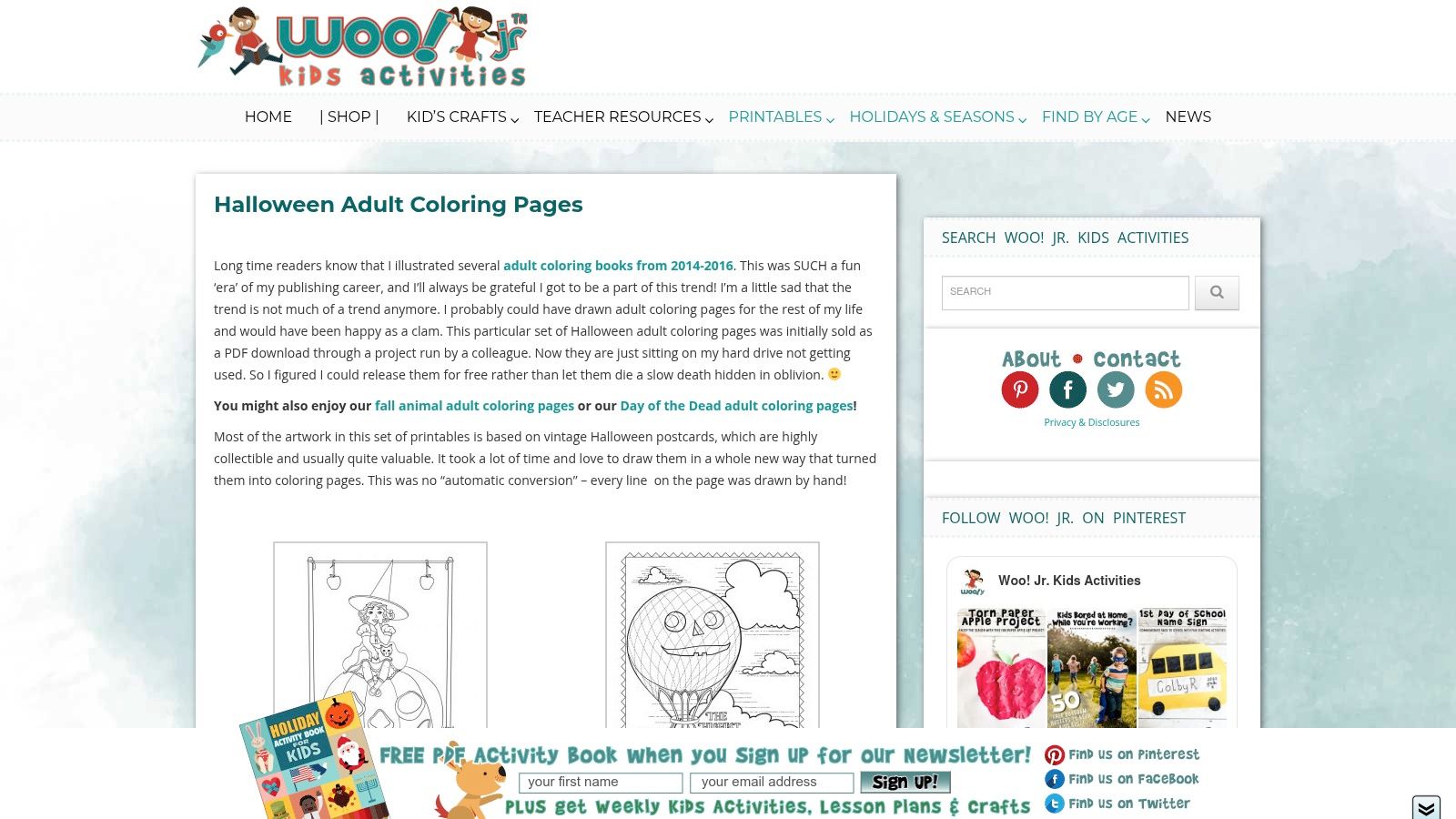 A screenshot of the Woo! Jr. Kids Activities website displaying a selection of vintage-style and intricate Halloween adult colouring pages.