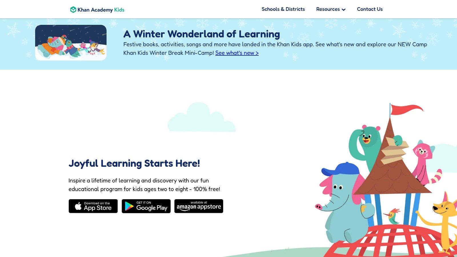 The colourful and engaging main interface of the Khan Academy Kids app, showing various learning activities.