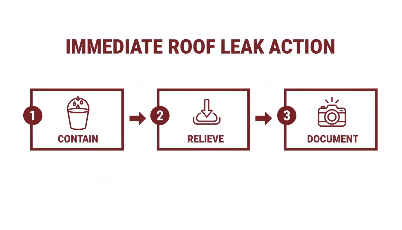 Infographic showing three steps for immediate roof leak action: contain, relieve, and document with icons.