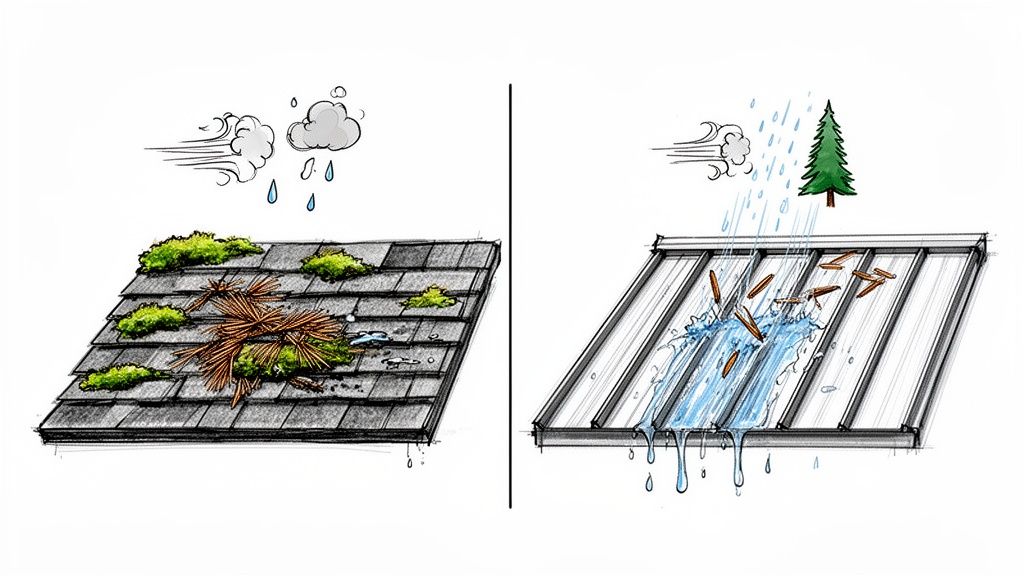 Illustration comparing shingle roof with debris and moss to a clean, draining metal roof during rain.