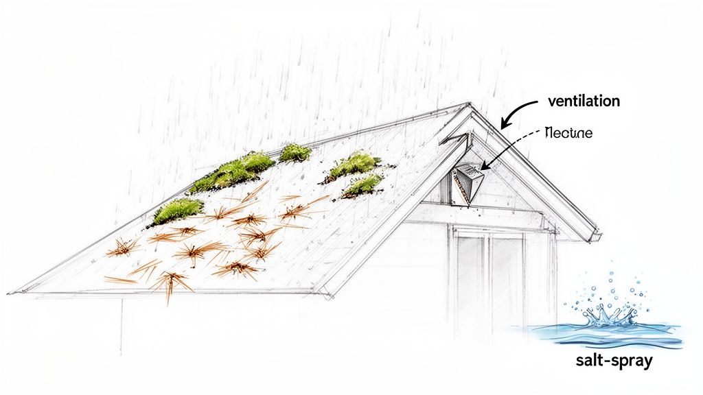 Illustration of a shingle roof showing rain, moss, debris, ventilation, and salt spray.