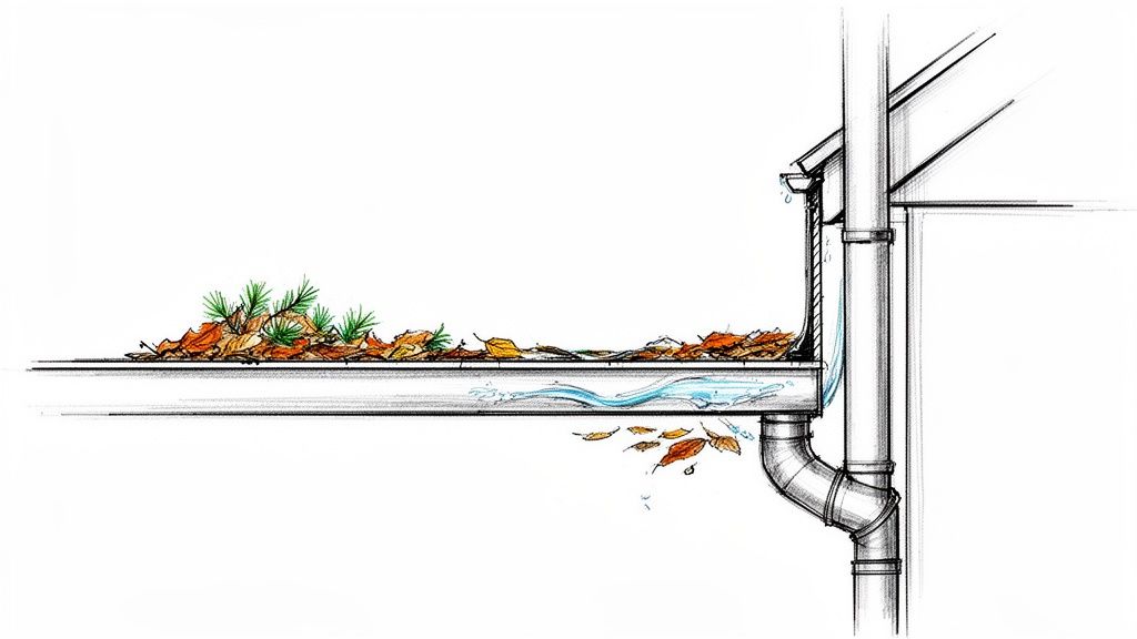 An overflowing house gutter filled with autumn leaves and pine needles, with water spilling out.