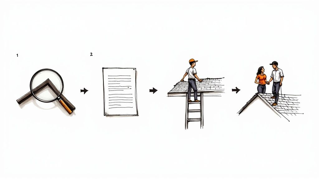 Illustration depicting a four-step process for roof inspection, repair, and customer satisfaction.