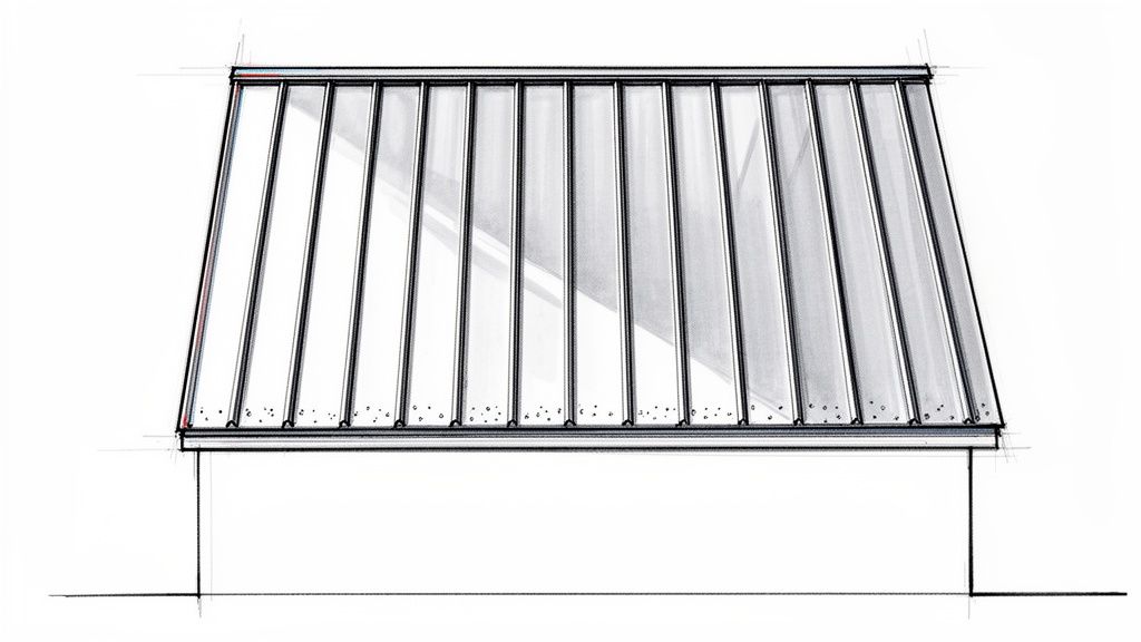 Sketch illustration of a standing seam metal roof on a building, showcasing its unique profile.