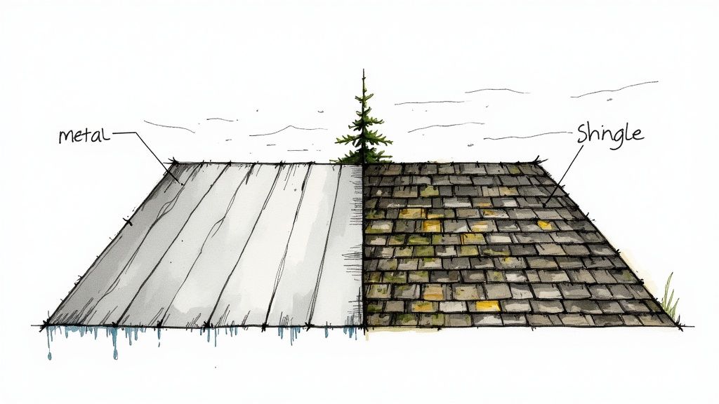 A modern home with a dark metal roof under a clear blue sky, highlighting its clean lines and durability.
