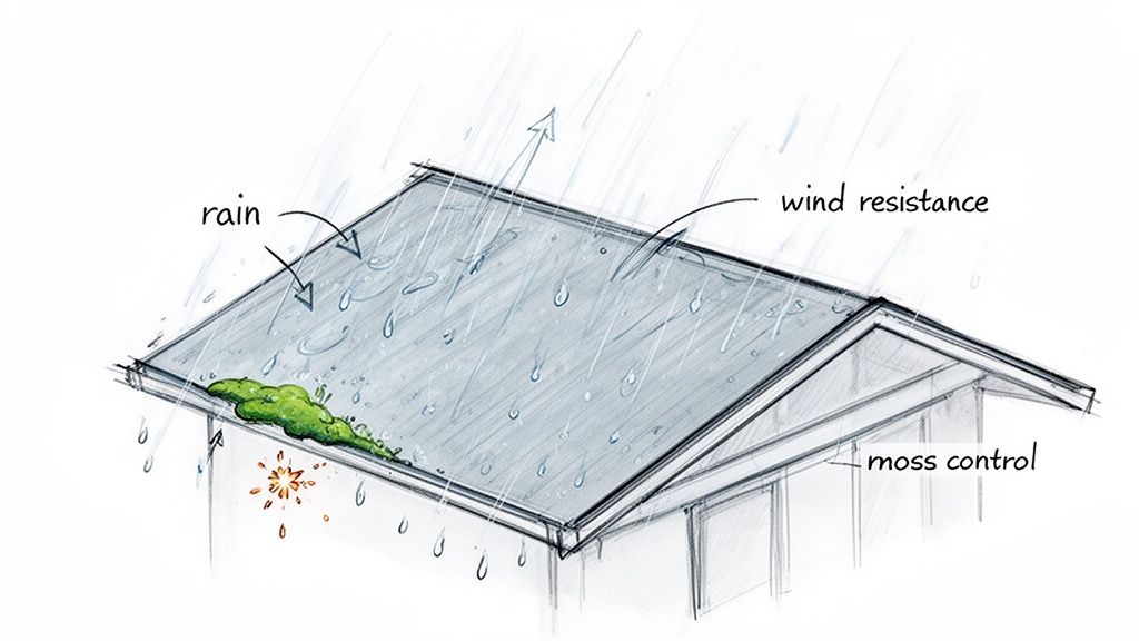 Sketch illustrating a roof's resistance to rain, wind, and features for moss control.