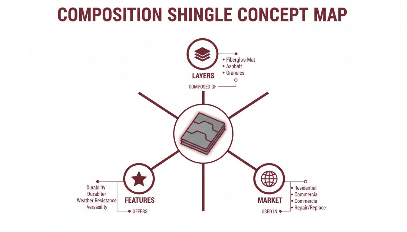 Concept map illustrating the layers, features, and market applications of composition shingles.