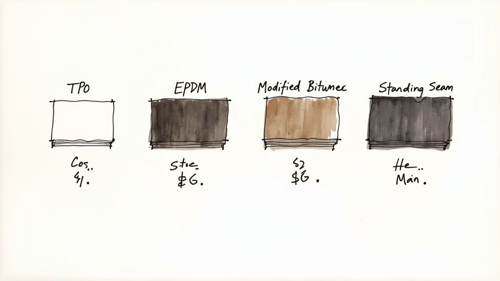 Hand-drawn sketches illustrate four common flat roof materials: TPO, EPDM, Modified Bitumen, and Standing Seam, with associated costs.