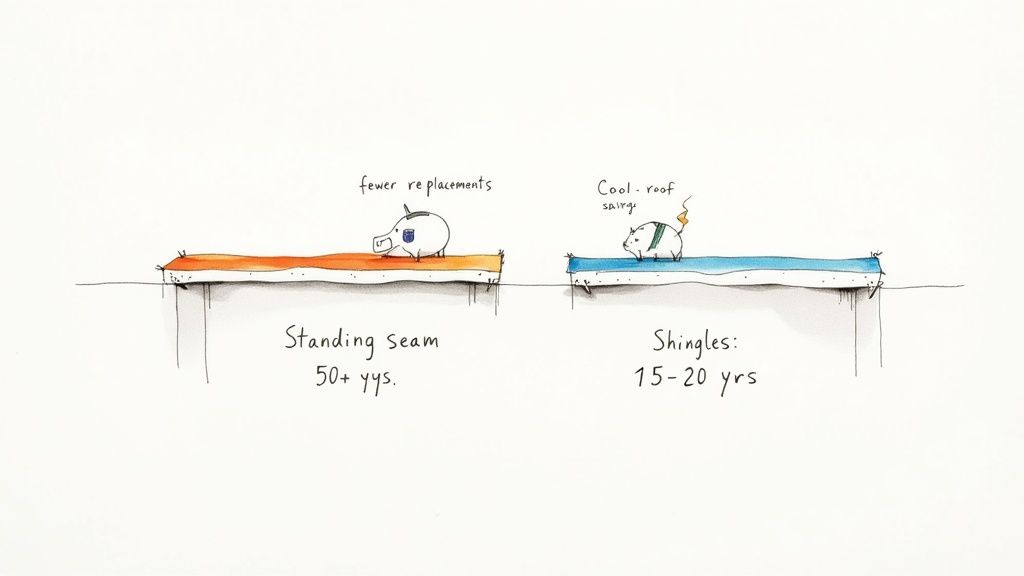 Illustrated comparison of standing seam (50+ years) and shingle (15-20 years) roof lifespans.