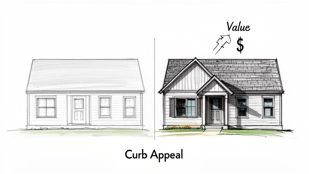 Comparison showing a basic house versus an enhanced house with architectural shingles and curb appeal increasing value.