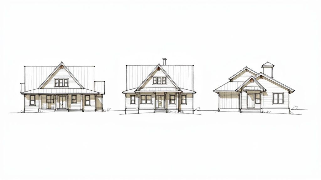 Architectural drawings of three different gambrel roof style homes with porches and varying elevations.