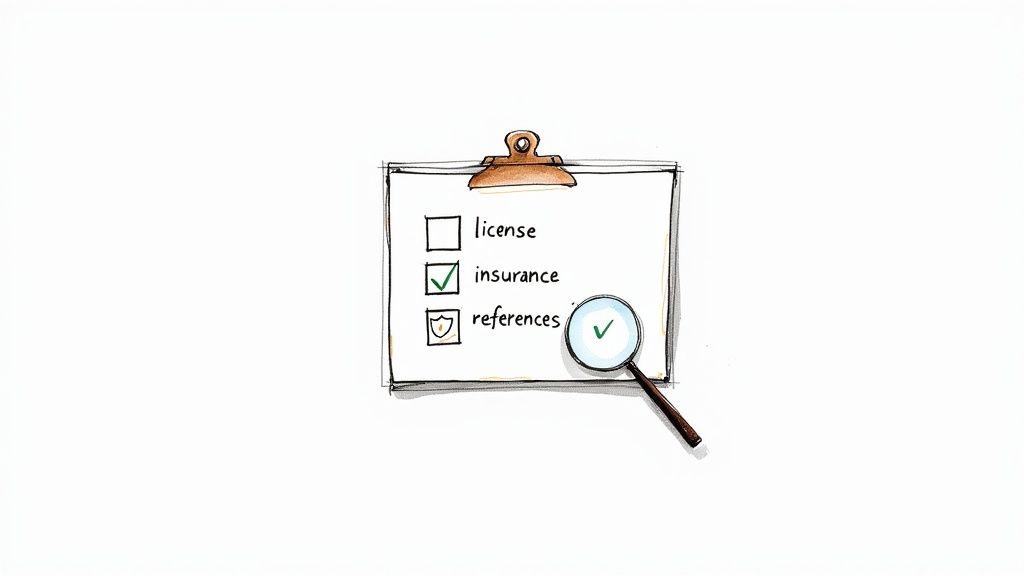 Clipboard with checklist showing license, insurance, and references with magnifying glass highlighting verification checkmark