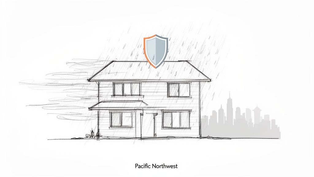 Sketch of a house with a protective shield on the roof, enduring rain and wind, with a city skyline.